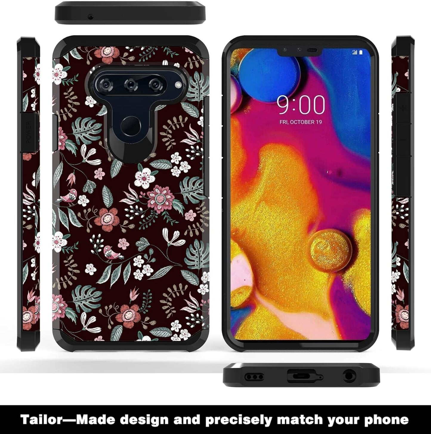 MGAH Compatible with LG V40 Case with Floral Design,Lg V40 Thinq Phone Case,Heavy Duty (PC + TPU) Dual Layer Protective Cover Cute Sturdy Anti-Scratch Shockproof Bumper Case for Women & Girls-Flowers MGAH