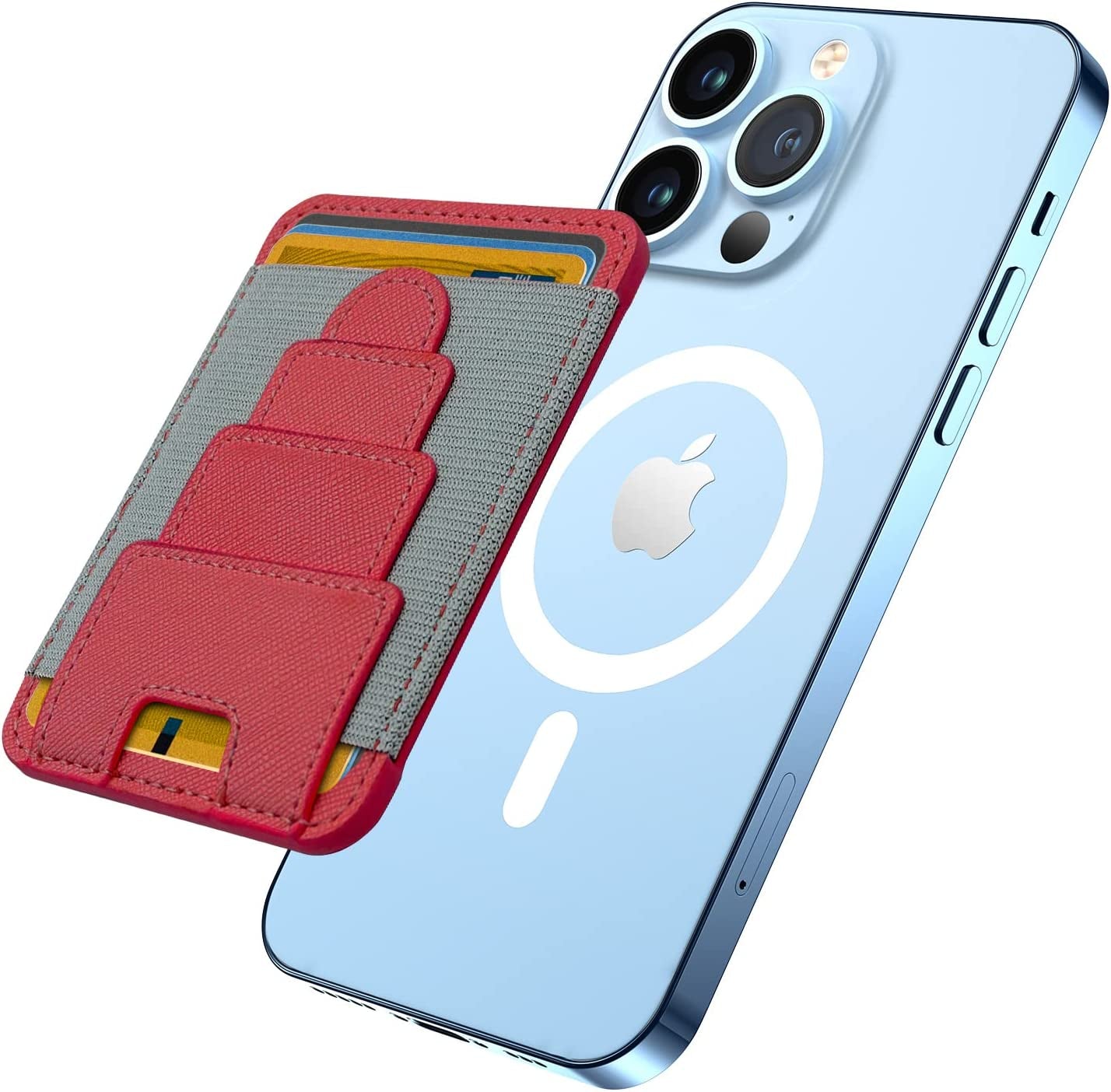 Hilayone Magsafe Wallet Fit 7 Cards, Stretchy Elastic Magnetic Phone Wallet Card Holder for Magsafe, Magsafe Leather Wallet for Iphone 14/13/12 Series, Vegan Leather, RFID Blocking Protection, Black HilayOne Red