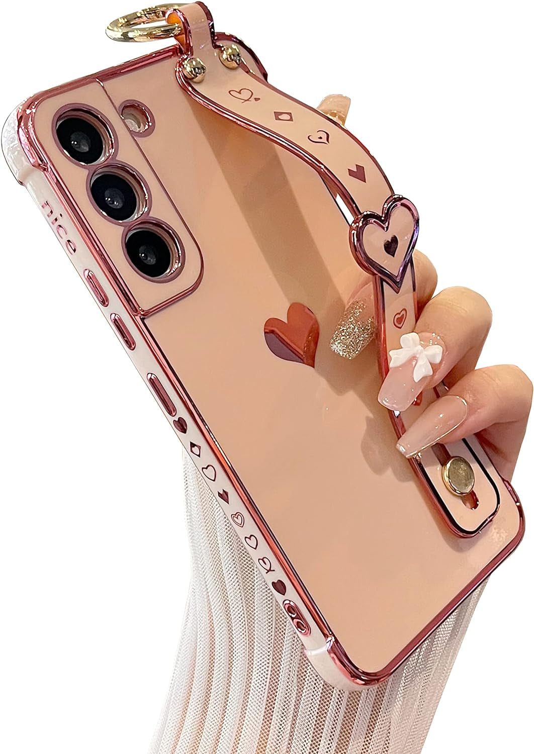 DEFBSC Compatible with Samsung Galaxy S22 Case, Electroplated Edge Love Heart Case with Wrist Strap, Full Camera Protection Raised Reinforced Corners Shockproof Soft TPU Cover, Black DEFBSC Pink (Kickstand) Samsung Galaxy S22