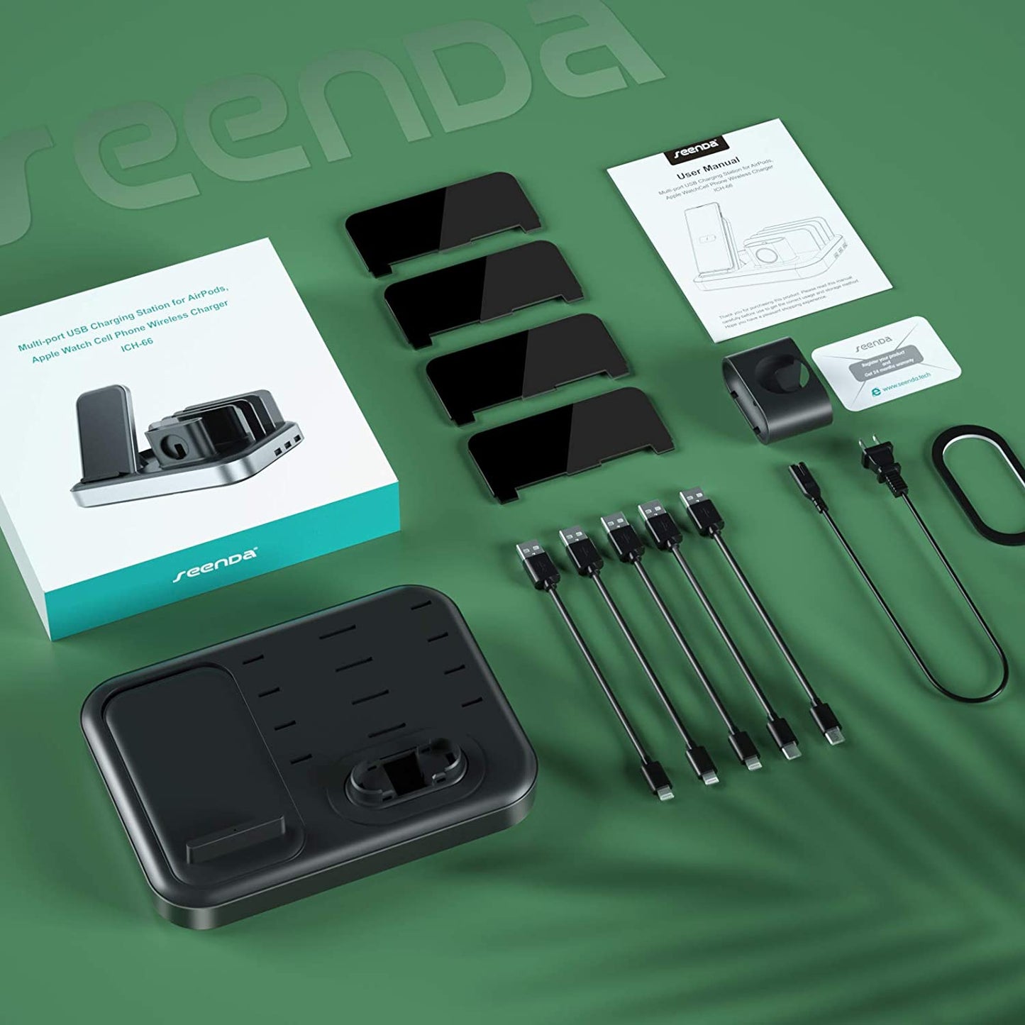 Seenda Wireless Charging Station for Multiple Devices - 6 in 1 USB Charging Dock Built-In AC Adapter with 10W Max Wireless Charger Stand and 5 USB Ports for Iphone, Ipad, Android, Apple Watch, Airpods seenda charging