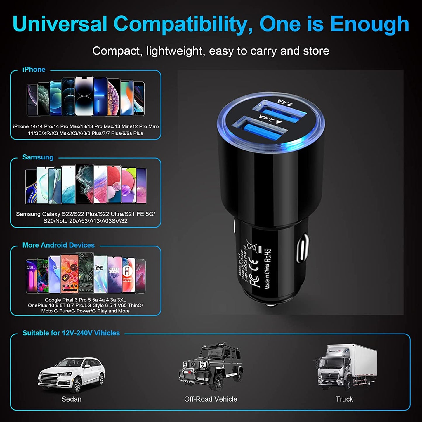USB Car Charger, 2Pack 4.8A Fast Charging Dual Port USB Cigarette Lighter Adapter for Iphone 14 13 12 11 Pro Max SE XR X 8 7 6, Ipad, Samsung Galaxy S22 S21 S20 S10 S9 S8 S7 A10E A51,Android,Kindle SHENZHEN SENJIN ELECTRONIC TECHNOLOGY CO.,LTD