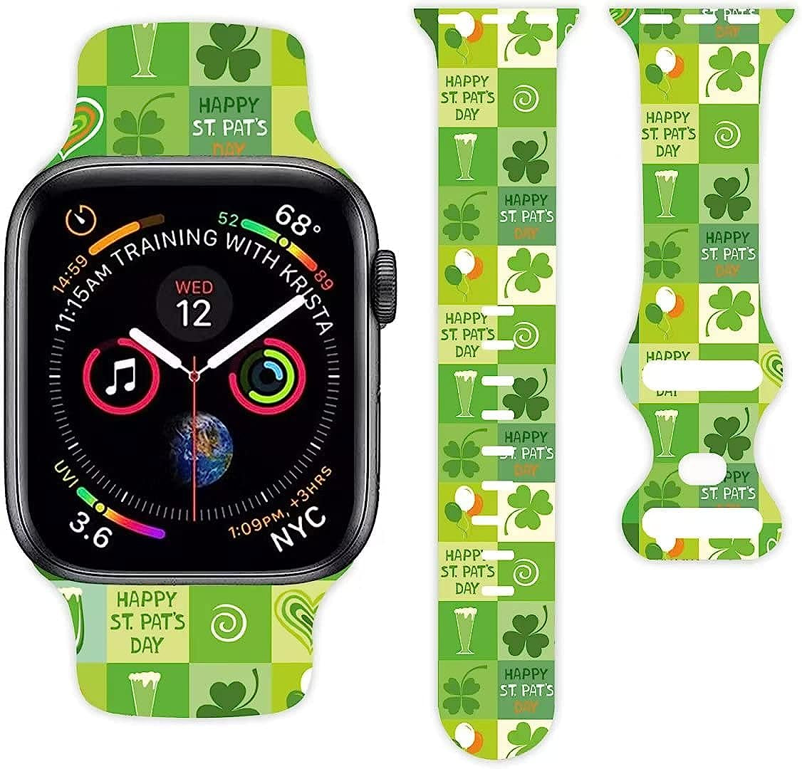 St. Patrick'S Day Holiday Watch Band Compatible with Apple Watch 38Mm 40Mm 42Mm 44Mm for Women Men Girls, Adjustable Clover Soft Silicone Sport Strap Replacement Band with All Iwatch Series MohuanDd St patrick-GeZi-B 38mm/40mm/41mm
