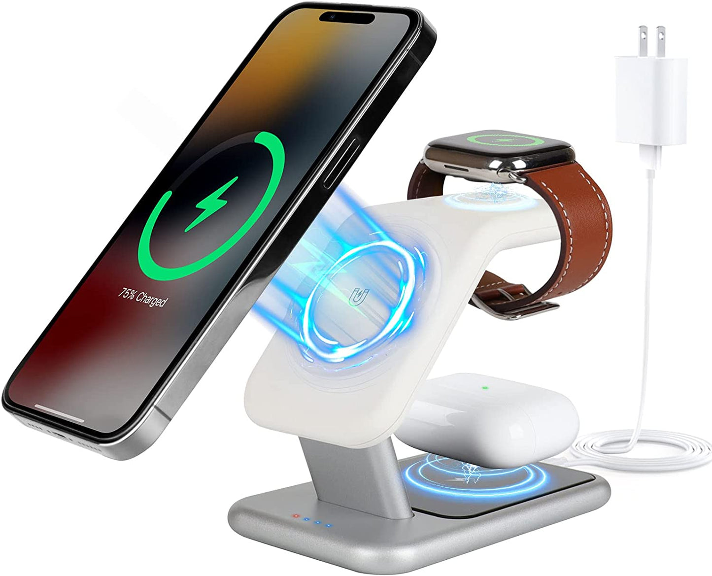 3-In-1 Magsafe Charger Stand, 18W Fast Magnetic Charger for Iphone 14, 13 & 12 Series - Apple Watch & Airpods, Wireless Charging Station for Multiple Devices with Adapter and LED Zyerch White Charging Station