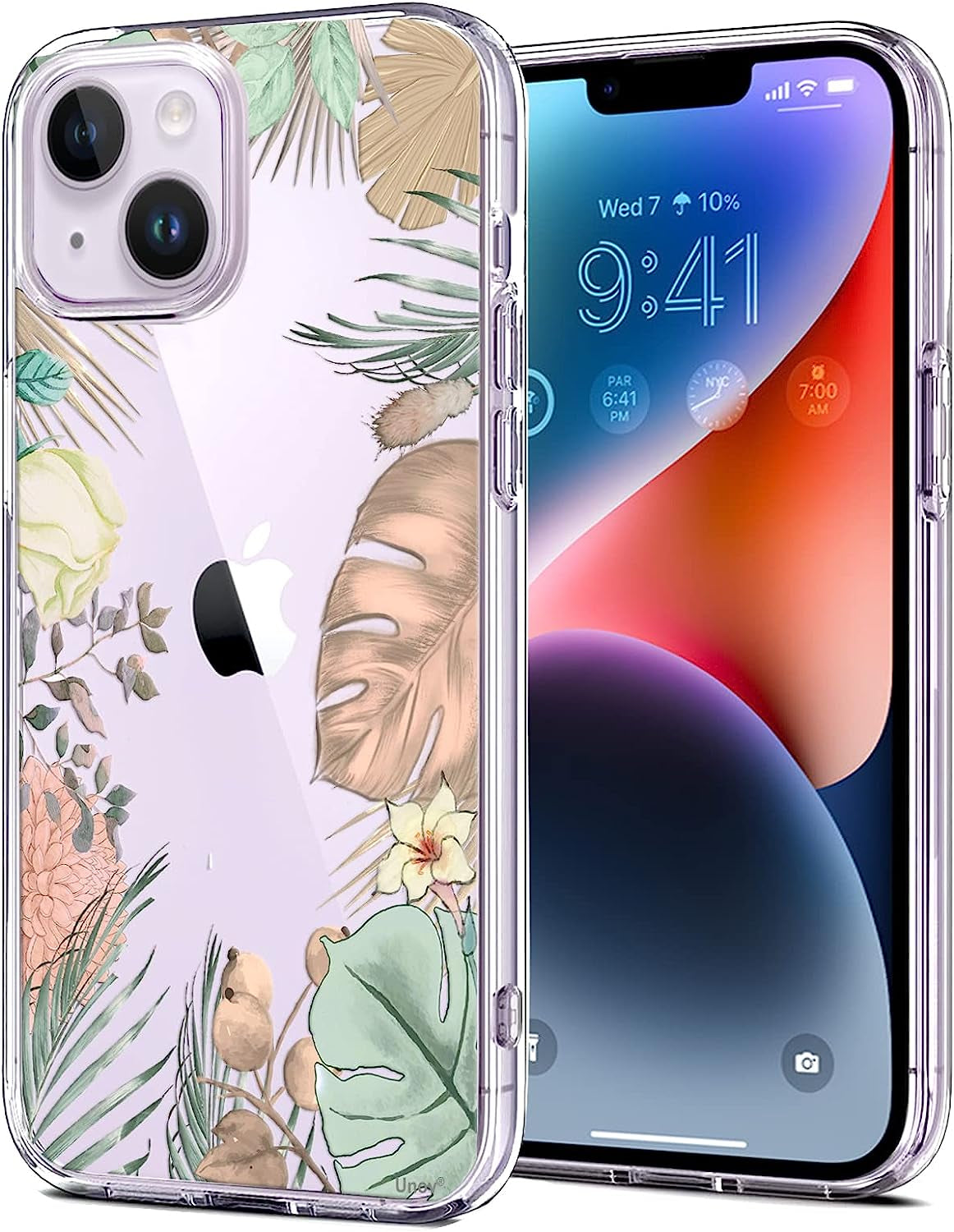 Unov Case Compatible with Iphone 14 plus Case Clear with Design Embossed Pattern Soft TPU Bumper Slim Protective 6.7 Inch (Great Wave) Unov Tropical Flowers