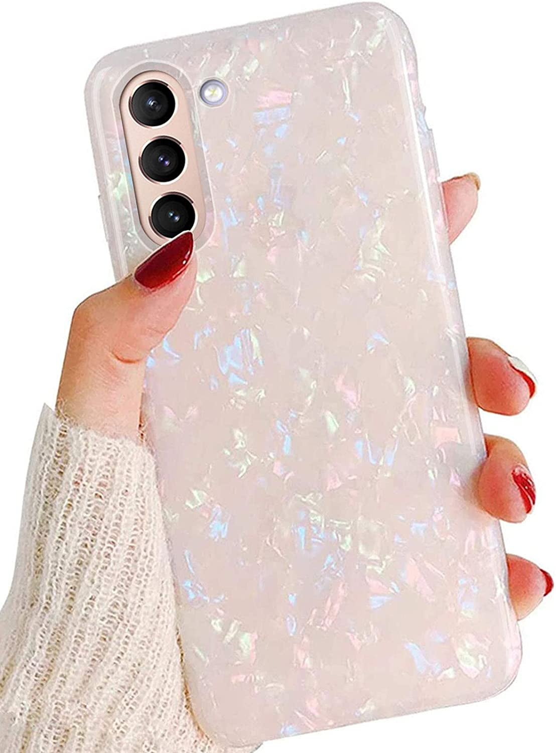 J.West Galaxy S21 plus Case 5G 6.7-Inch, Luxury Sparkle Red Agate Marble Print Translucent Clear Glitter Pearly Design Soft Silicone Cover for Women Girls Slim TPU Sturdy Protective Phone Case Red J.west Colorful