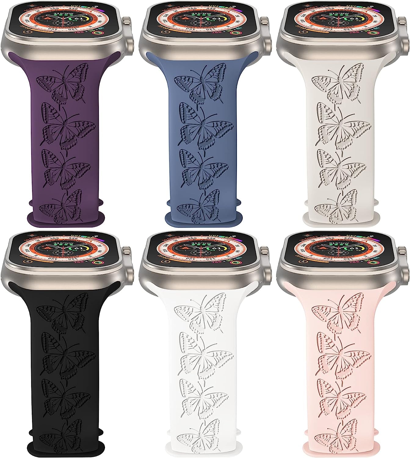 6 Pack Engraved Sport Bands Compatible with Apple Watch Band 38Mm 40Mm 41Mm 42Mm 44Mm 45Mm 49Mm for Women Men, Designer Colorful Soft Silicone Strap for Iwatch Bands Ultra/Se Series 8/7/6/5/4/3/2/1 Wewatri Color Combination - G 38mm/40mm/41mm