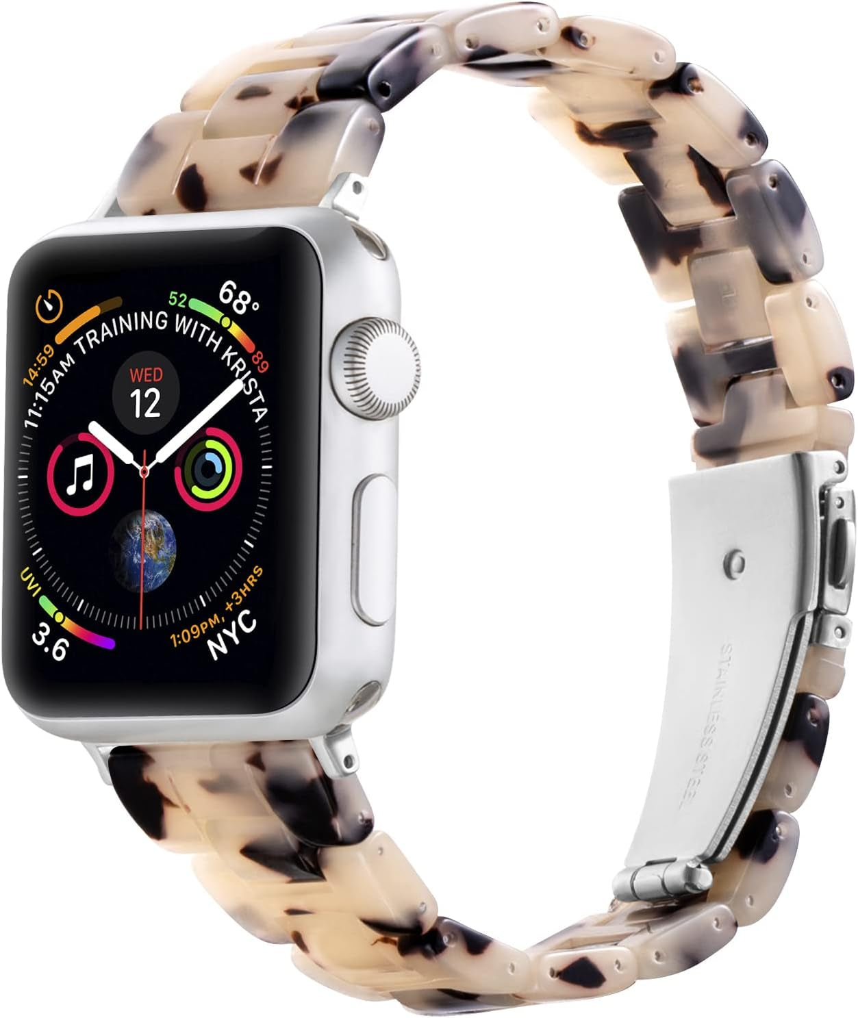 Sangaimei Light Fashion Resin Apple Watch Band with Stainless Steel Buckle Compatible Apple Watch Band 45Mm 44Mm 42Mm 41Mm 40Mm 38Mm Replacement Iwatch Series 8 7 6 5 4 3 2 1 SE for Women Starlight SaNgaiMEi Cow Pattern 38mm/40mm/41mm