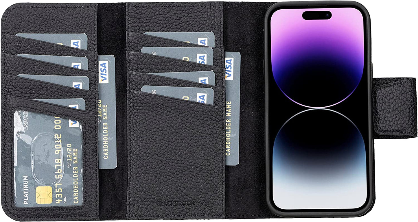 BLACKBROOK Iphone 14 Pro Max Trifold Magnetic Detachable Wallet & Case Set - (2 in 1) Tudor Full Grain Leather Wallet Case for Iphone 14 Pro Max (6.7") - 8 Card Slots, 2 Cash & 1 Clear ID Pockets BLACKBROOK Pebble Black