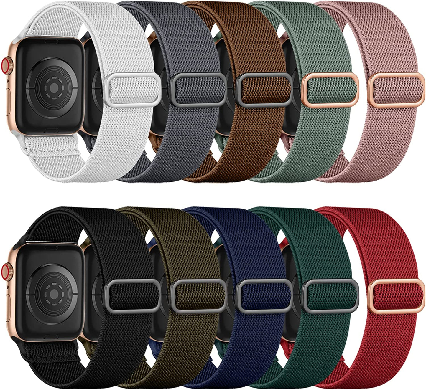 Maledan 10 Pack Stretchy Solo Loop Compatible with Apple Watch Band 38Mm 40Mm 41Mm 42Mm 44Mm 45Mm 49Mm Women Men, Soft Nylon Elastic Braided Strap Wristbands for Iwatch Series Ultra/8/7/6/5/4/3/2/1/Se Maledan Black/Navy Blue/White/Army Green/Gray/Cactus/Pink/Red/Deep Brown/Deep Green (42mm/44mm/45mm/49mm)