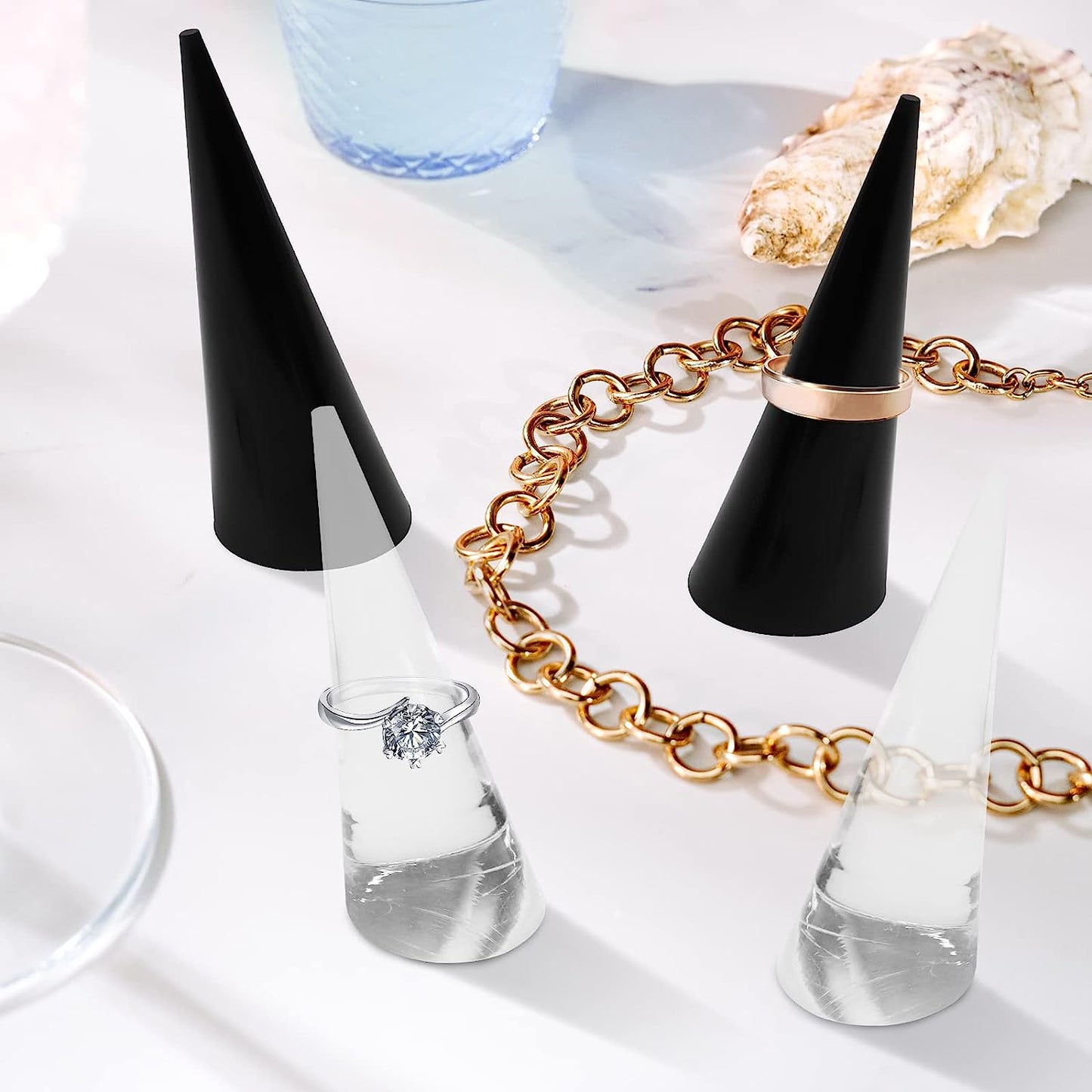 Zxmxzkx 10 Pack Clear Black Acrylic Crystal Ring Holder Ring Display Cone Holder Single Finger Rings Showcase Stand for Jewelry (Clear & Black) Zxmxzkx