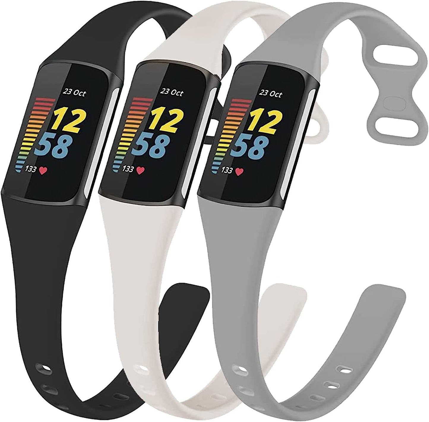 3 Pack Bands for Fitbit Charge 5,Soft Silicone Adjustable Sport Band Replacement Wristbands for Fitbit Charge 5 Fitness Tracker SENGKOB Black+official white+limestone