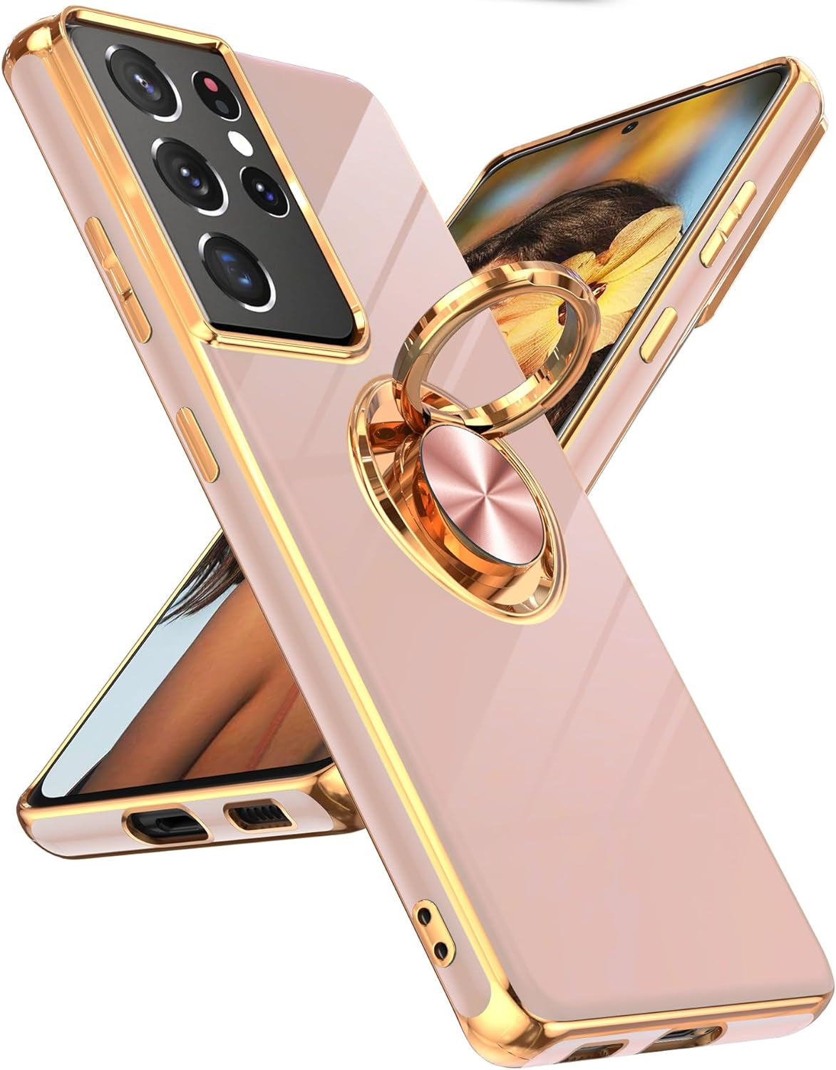 Leyi for Samsung Galaxy S21 plus Case 360° Rotatable Ring Holder Magnetic Kickstand, Plating Rose Gold Edge Protective Case, Grey LeYi Pink Samsung Galaxy S21 Ultra