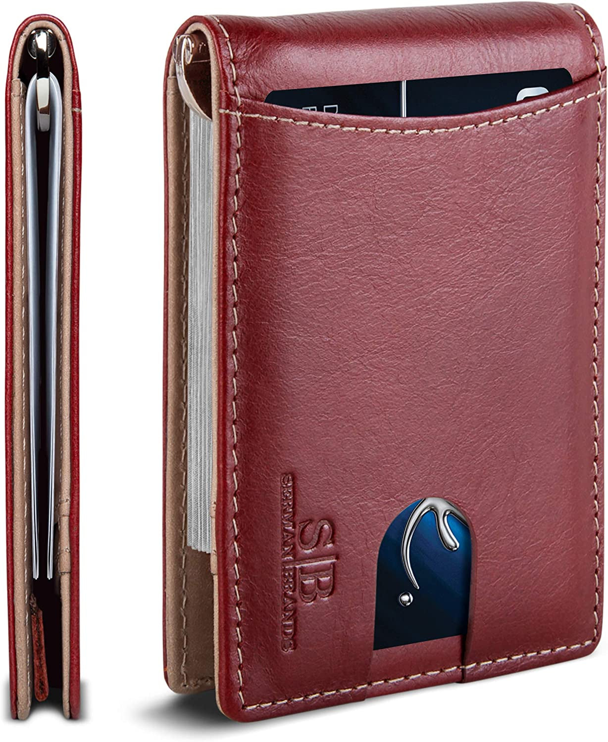 SERMAN BRANDS RFID Blocking Slim Bifold Genuine Leather Minimalist Front Pocket Wallets for Men with Money Clip Thin Gift SERMAN BRANDS Ruby Red 1.s