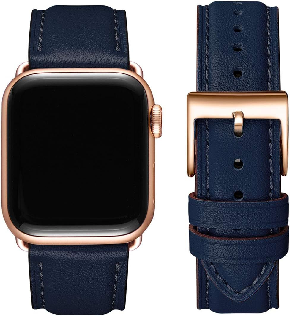 OMIU Square Bands Compatible with Apple Watch Band 38Mm 40Mm 41Mm 42Mm 44Mm 45Mm 49Mm, Genuine Leather Wristband Starp for Iwatch SE Series 8 7 6 5 4 3 2 1 Utral for Women Men(Ivory White/Rose Gold) BestWayStore Dark Blue/Rose Gold 38mm 40mm 41mm