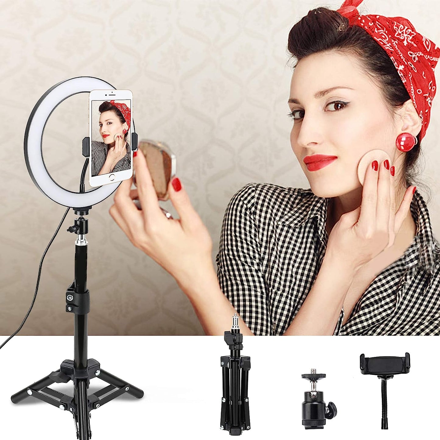 10" LED Selfie Ring Light with Tripod Stand & Cell Phone Holder for Tiktok/Live Stream/Makeup, BONFOTO Dimmable Desktop Camera Ringlight for Youtube Video/Photography Compatible with Iphone/Android BONFOTO