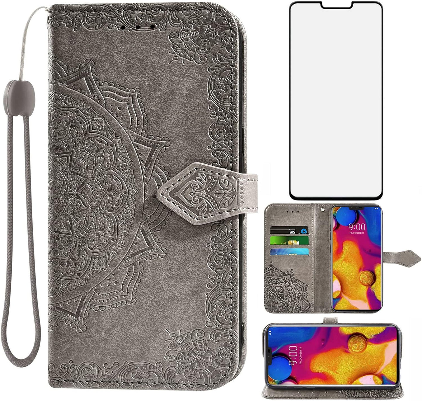 Compatible with LG V40 Thinq Wallet Case and Tempered Glass Screen Protector Flip Cover Credit Card Holder Stand Cell Phone Cases for LGV40 Storm V 40 Thin Q V40Thinq LG40 40V 40Thinq Women Men Blue Asuwish Gray