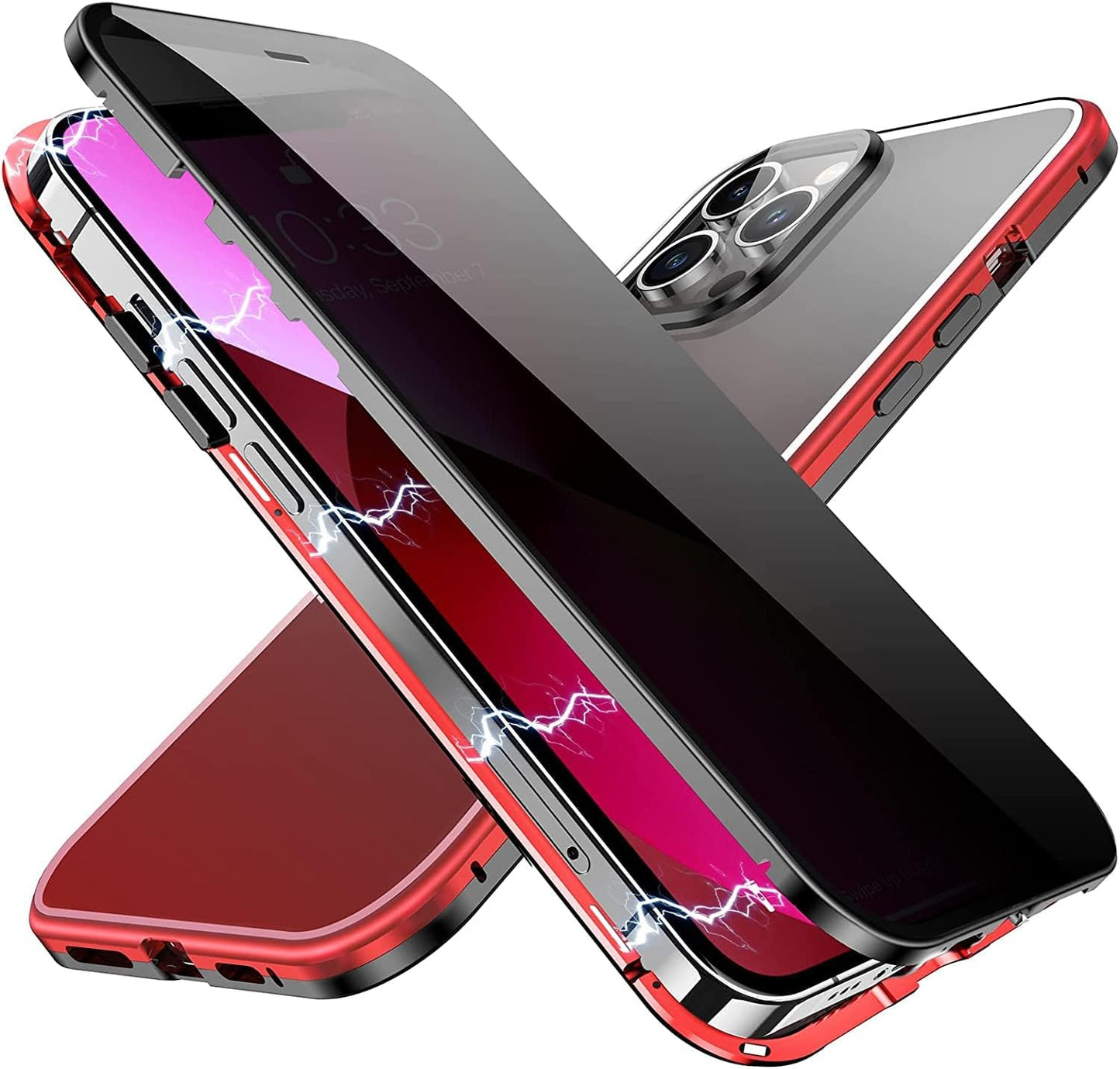 YUNQE Privacy Magnetic Case for Iphone 12 Pro Max, Double Sided Magnet Adsorption Cover with Anti-Peep Screen Protector and Camera Lens Full Body Protective for Iphone 12 Pro Max, Red YUNQE Black-Red Iphone 13 Pro-6.1"