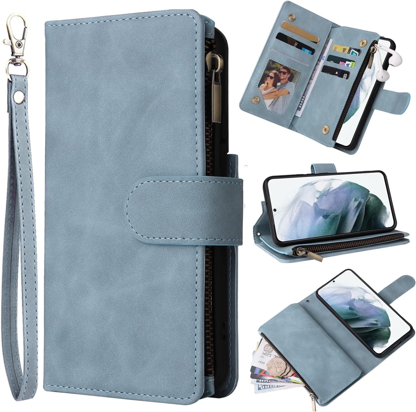 ZZXX Samsung Galaxy S22+ plus Case Wallet with Card Slot Premium Soft PU Leather Zipper Flip Folio with Wrist Strap Kickstand Protective for Samsung S22+ plus Wallet Case(Wine Red-6.6 Inch) ZZXX Light Blue Samsung Galaxy S22+ Plus