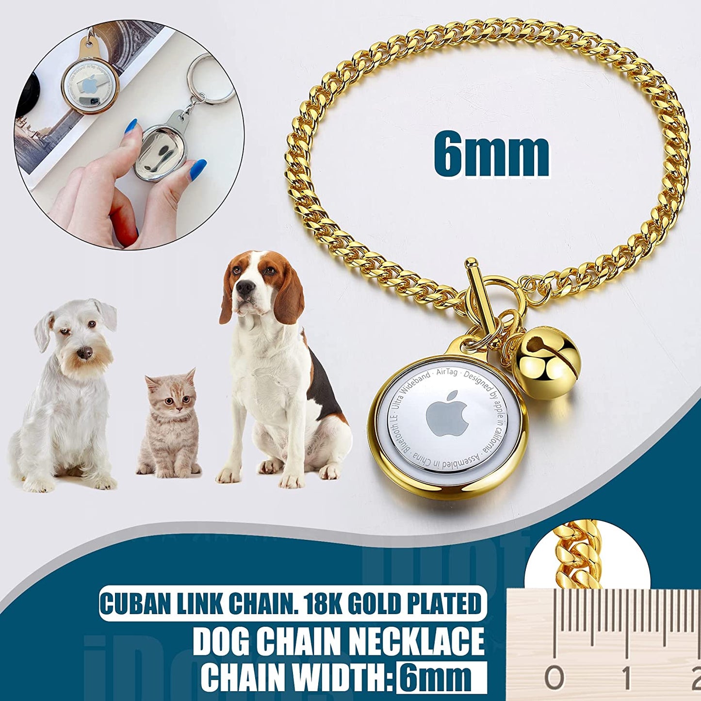 Idofas Airtag Dog Collar Holder Dog Airtag Holder Cuban Link Dog Chain 6Mm Gold Dog Chain with Bell,Dog Tag & Airtag Dog Collar Holder Stainless Steel Metal Necklace for Puppy Small Medium Dogs(12") iDofas