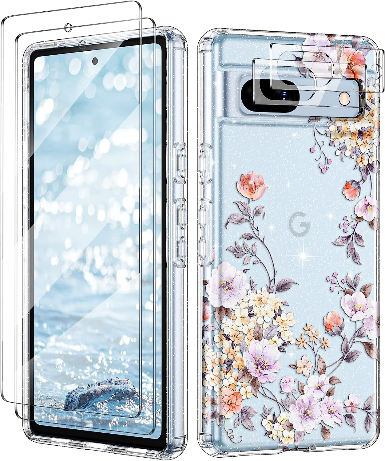 Lamcase Compatible with Google Pixel 7A Case, with 2 Screen Protector + 2 Camera Lens Protector Crystal Bling Sparkly Shiny Soft Flexible TPU Slim Drop Protection for Women Girls, Apricot Flower Lamcase Cherry Blossoms