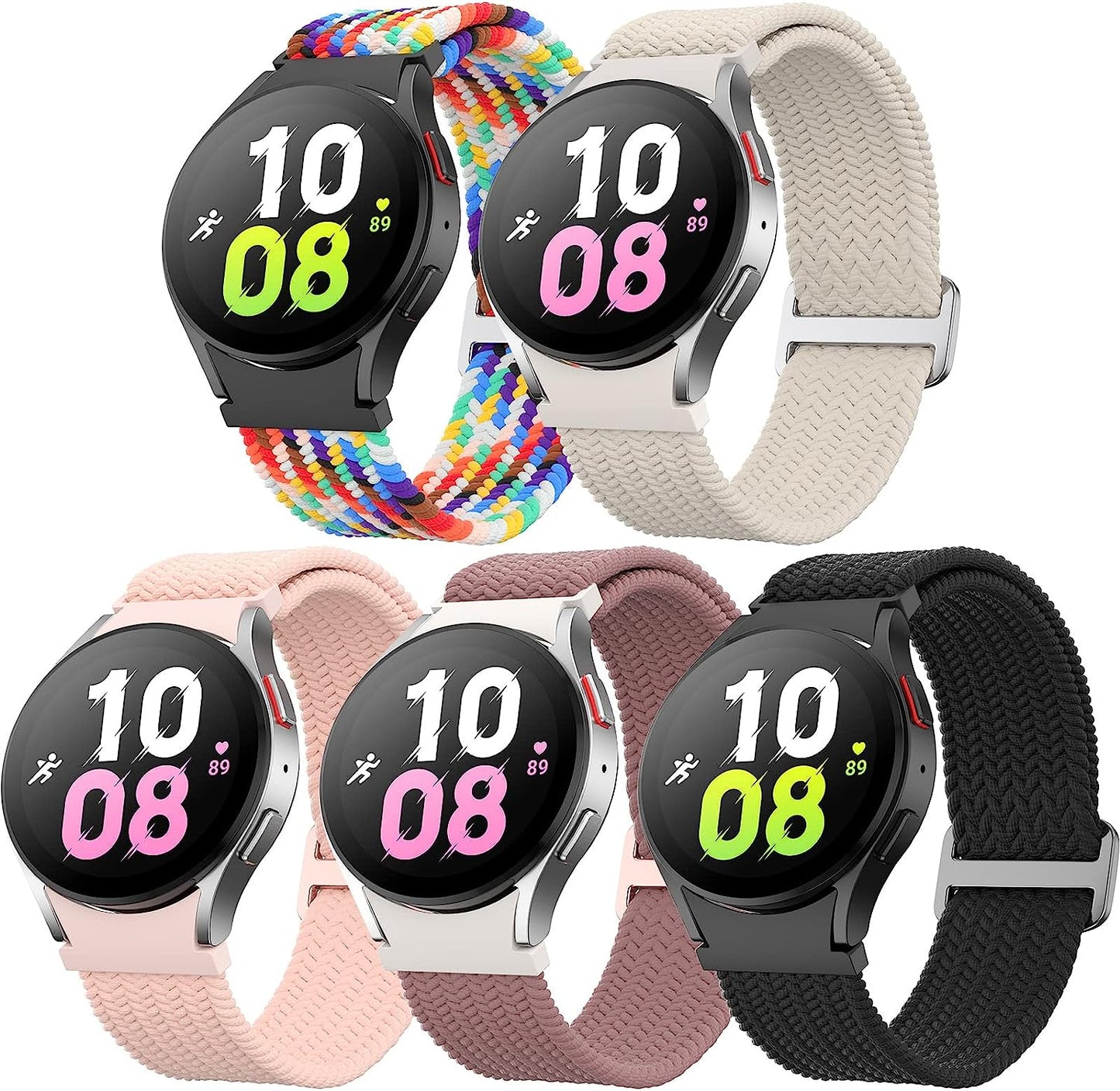 5 Pack No Gap Bands Compatible with Samsung Galaxy Watch 5 40Mm 44Mm/ Watch 5 Pro 45Mm/ Galaxy Watch 4 40Mm 44Mm/ Galaxy Watch 4 Classic 42Mm 46Mm, 20Mm Elastic Nylon Sport Band for Women Men BeautyFurlife Z-Spurple/PinkS/StarL/GC/Black