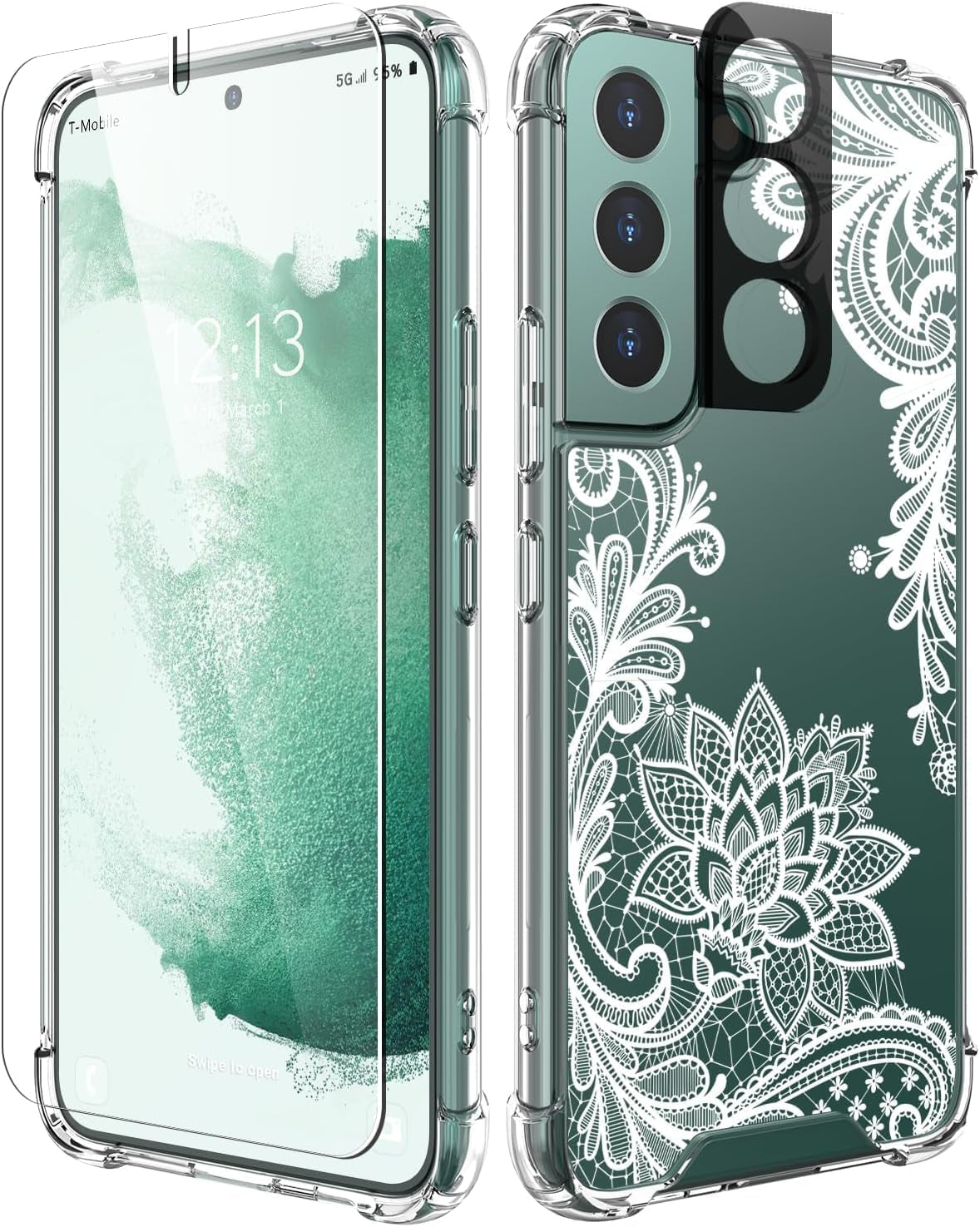 Cutebe Cute Clear Case for Samsung Galaxy S22 6.1 Inch 2022 Released, Shockproof Series Protective Cover with Screen Protector and Camera Lens Protector for Women, Girls Cutebe White Floral