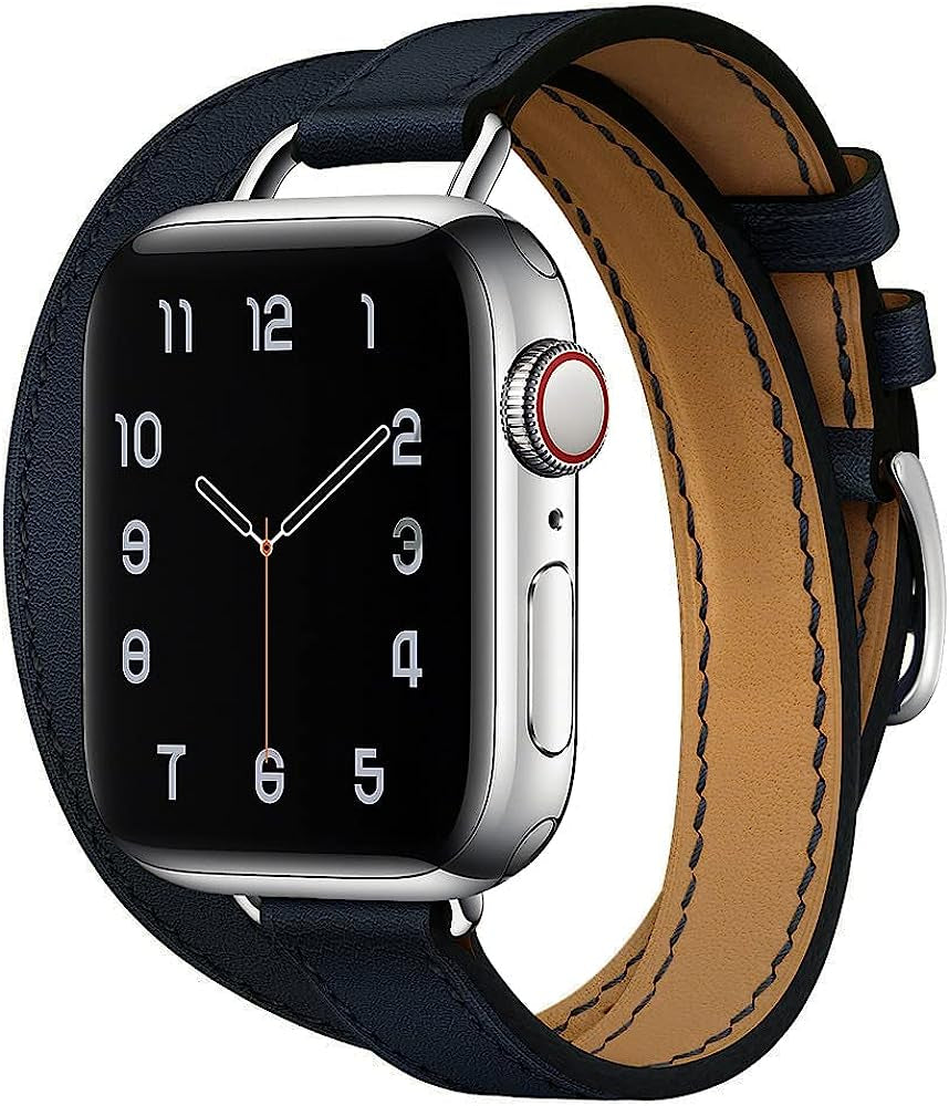 Arkrdiif Compatible with Apple Watch Double Tour Leather Band 38Mm 40Mm 41Mm 42Mm 44Mm 45Mm 49Mm Genuine Leather Replacement Strap for Series 8 7 6 5 4 3 2 1 Arkrdiif Double Tour Blue 38mm/40mm/41mm