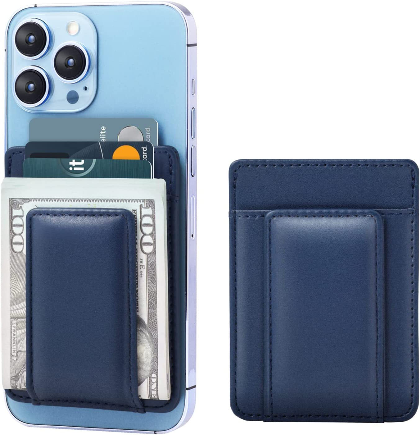 Morojular Leather Wallet for Apple Magsafe, Magsafe Wallet and Magnetic Card Holder, Compatible with Iphone 14/13/12 Series, Max 5 Cards, Money Clip, Not Compatible with Iphone Mini Black Morojular Navy Blue