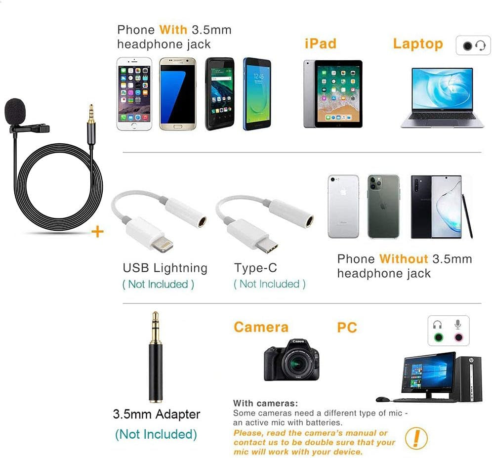 Enkarl Lavalier Lapel Microphone, Proffessional Omnidirectional Condenser Mic Compatible with Iphone Android Smartphone Video Recording Interview Youtube, Noise Cancelling Mic (Microphone Only) Enkarl