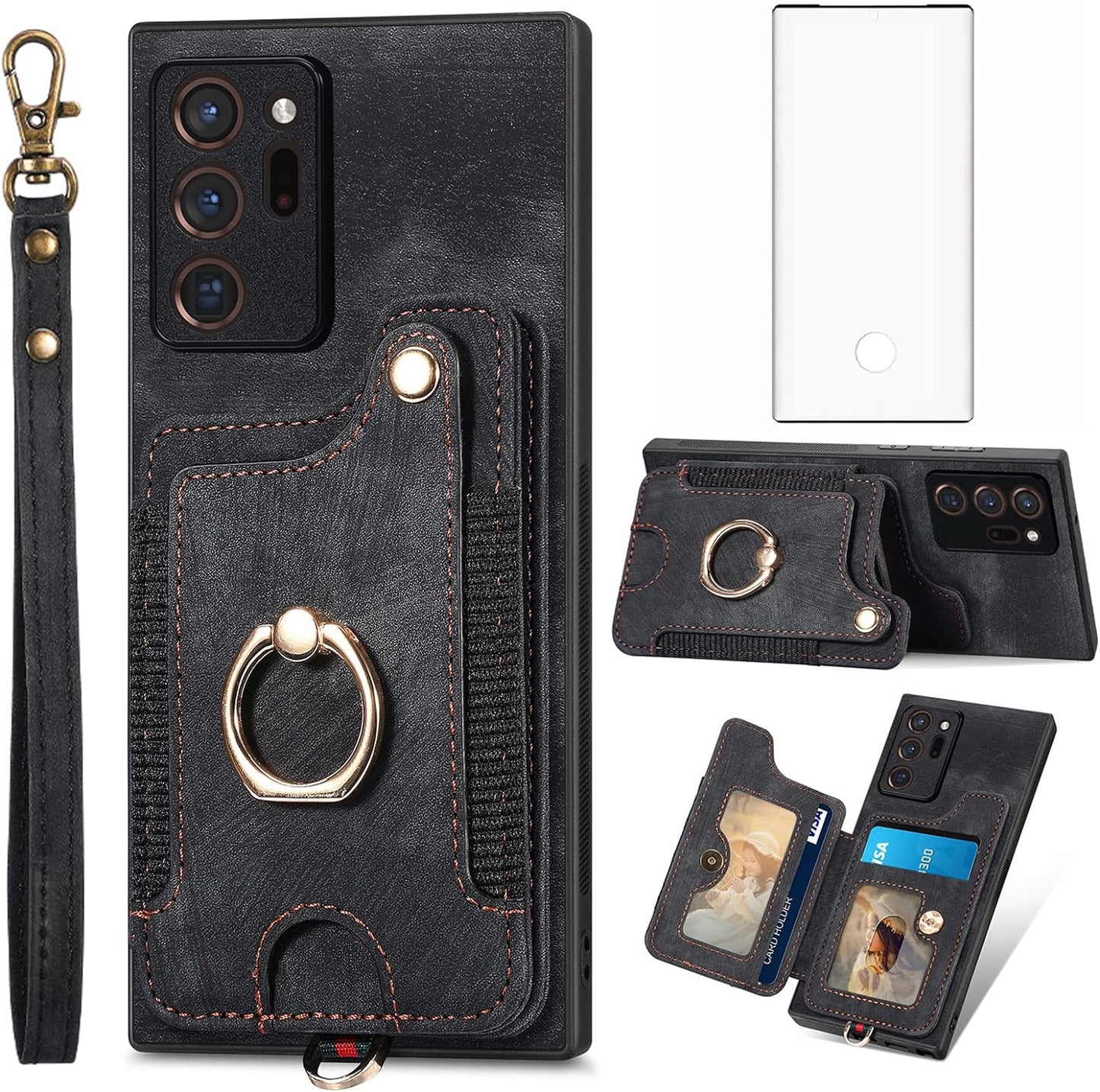 Phone Case for Samsung Galaxy Note 20 Ultra 5G Wallet Cover with Screen Protector and Wrist Strap RFID Card Holder Ring Stand Note20 plus Notes 20Ultra Note20+ U + 20+ Twenty Not S20 Women Men Brown Asuwish Black