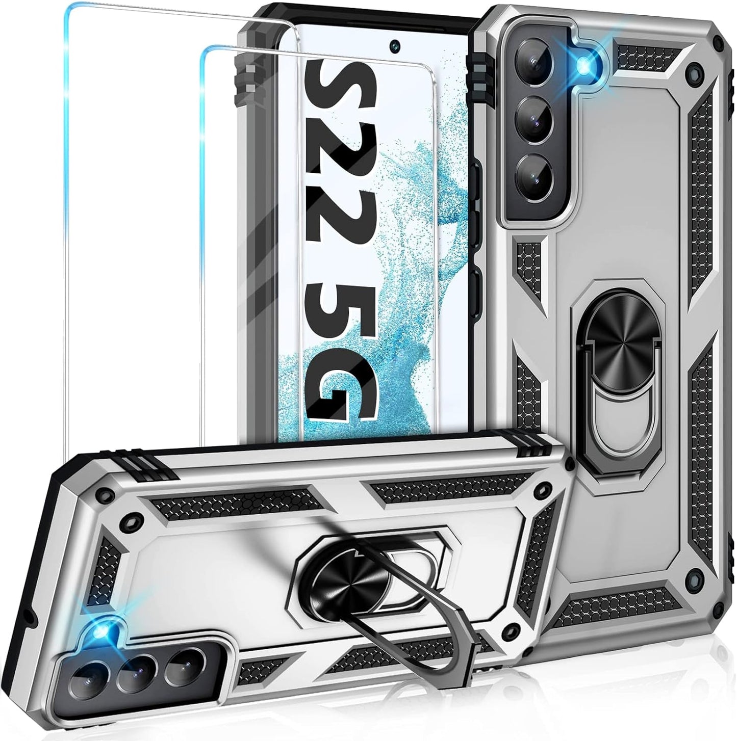 Vaki for Samsung Galaxy S22 5G Case with Built in Screen Protector Military Grade Hard Rugged Cover Heavy Duty Armor Galaxy S22 Phone Cases with Metal Ring Kickstand Shockproof Blue Vaki Sliver