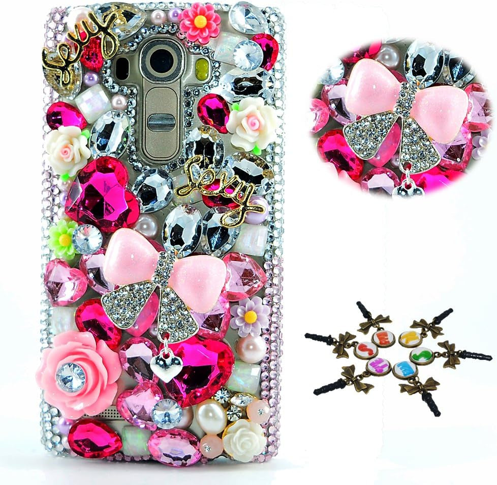 STENES LG G7 Case, LG G7 Thinq Case - STYLISH - 100+ Bling Crystal - 3D Handmade Bling Snow Flowers Heart Love Design Protective Cover Case for LG G7 Thinq - Blue STENES Princess Pink Bowknot Flowers / Pink