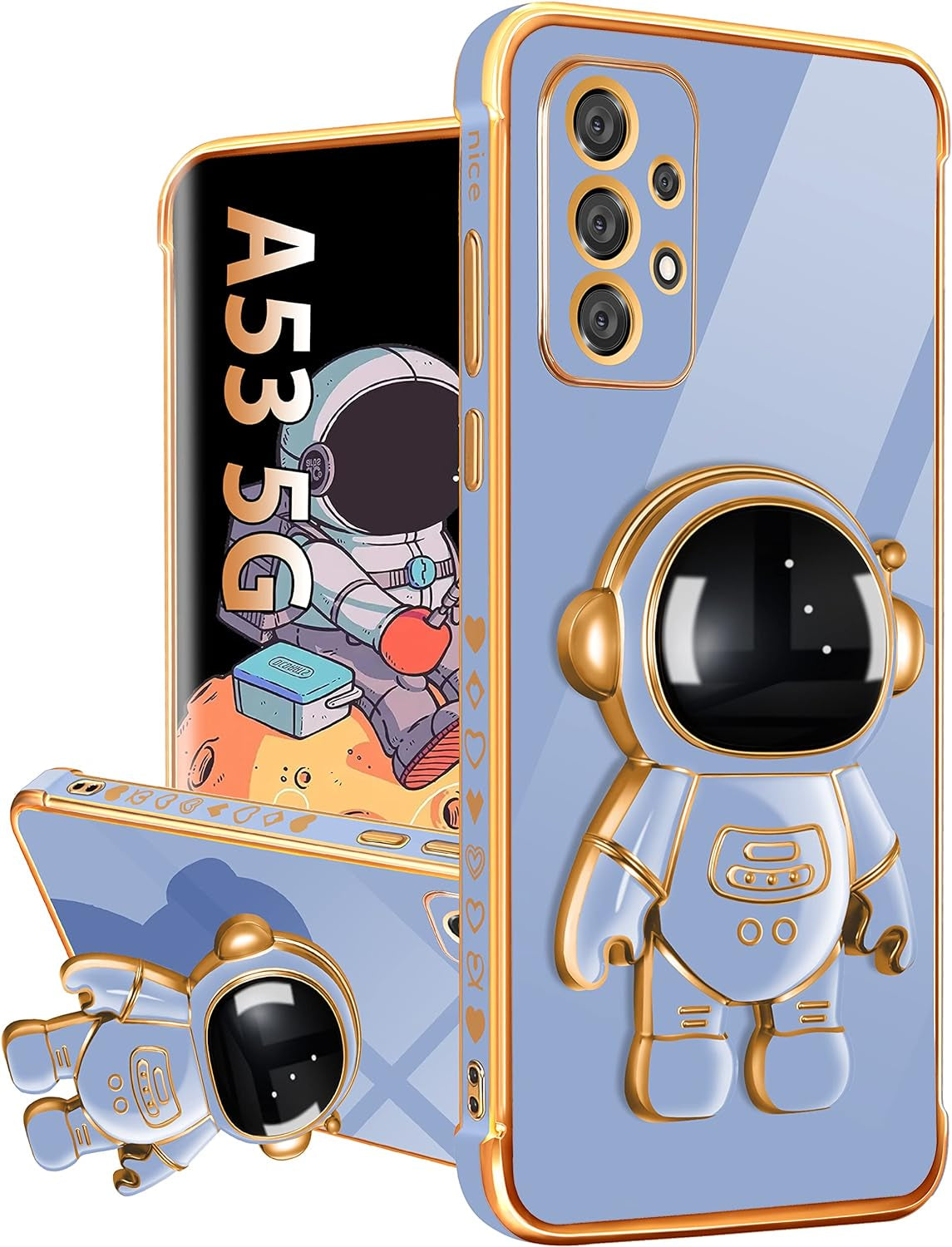 Buleens for Samsung A53 5G Case with Astronaut Stand, Women Girls Galaxy A53 5G Cases, Girly Cute 6D Outer Space Heart Pattern Phone Cover for Samsung Galaxy A53 5G Case 6.5 Inch White Buleens Samsung Galaxy A53 5G-Dark Blue