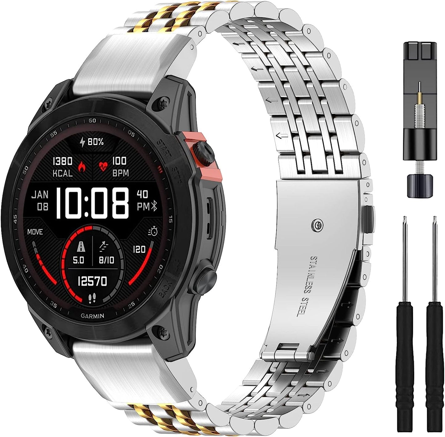 ZPJPPLX 26Mm Quick Fit Metal Band Compatible with Fenix 7X Watch Band, Stainless Steel Replacement Straps for Garmin Tactix 7 Pro/Fenix 6X/ 6X Pro/5X/5X Plus/Enduro 2/Descent Mk2I ZPJPPLX Silver Gold