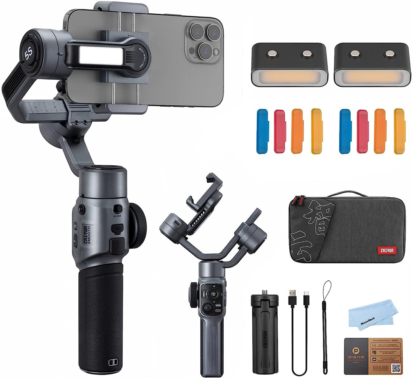 Zhiyun Smooth 5S Combo White Gimbal Stabilizer for Smartphone Iphone 14 13 12 11 X 8 Pro Max plus Samsung Android for Youtube Tiktok Vlogging Zhiyun Smooth 5 Phone Gimbal Upgraded+1Pcs Mini LED Light Zhiyun gray