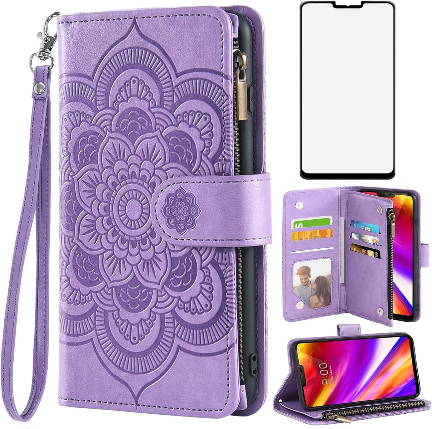 Asuwish Compatible with LG G7 Thinq Wallet Case and Tempered Glass Screen Protector Flip Card Holder Cell Phone Cover for LGG7 One G 7 plus LG7 Fit Lg7Thinq 7G Thin Q G7+ G7Thinq Lgg7Thinq Men Blue Asuwish Purple