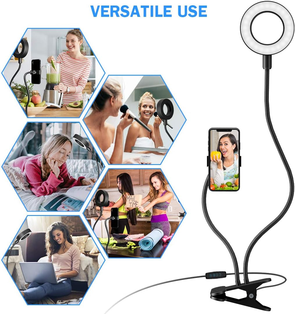 DAVID ROCCO Selfie Ring Light with Flexible Goose Neck Phone Clip 3 Light Modes and 10 Brightness LED Ring Light Compatible with Smart Phone for Youtube, Facebook, Live Stream, Makeup Shenggetu