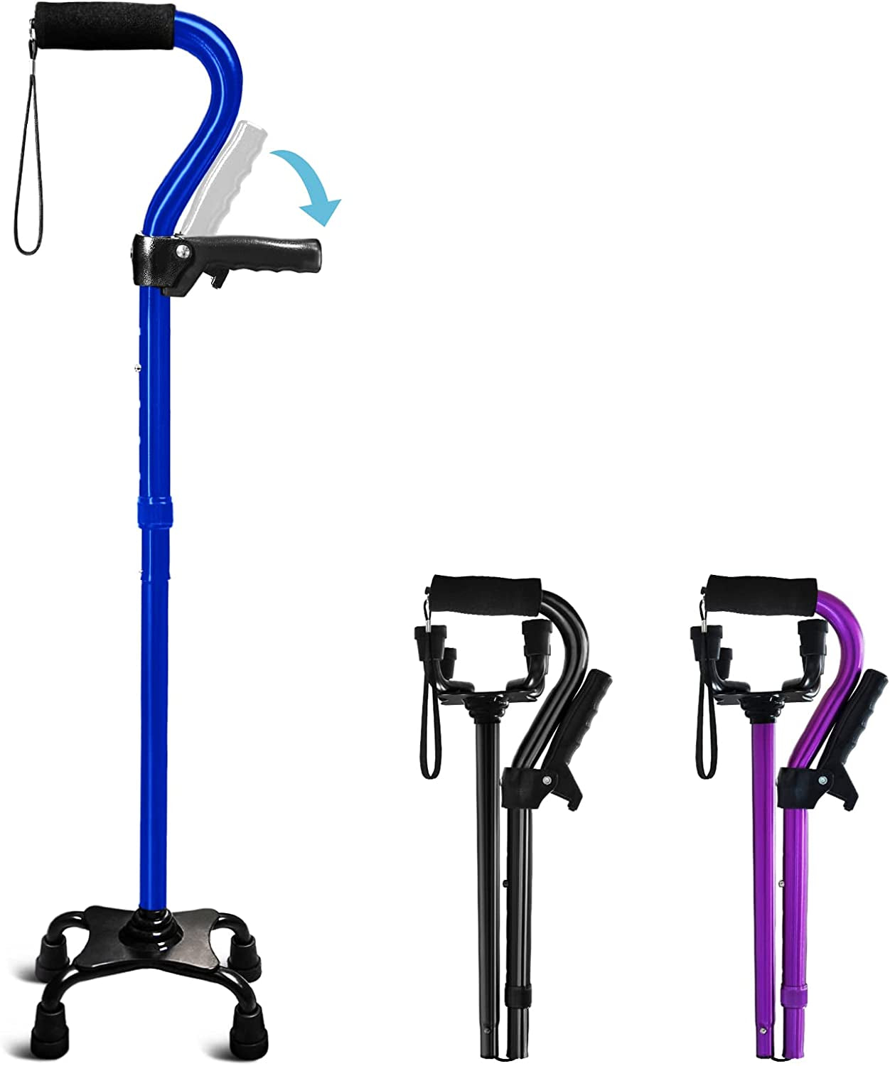Adjustable Walking Cane for Men & Women with 4-Pronged Base for Extra Stability - Foldable Cane for Seniors with Foam Padded Offset Handle for Soft Grip & a Second Handle for Standing Black KingPavonini Blue