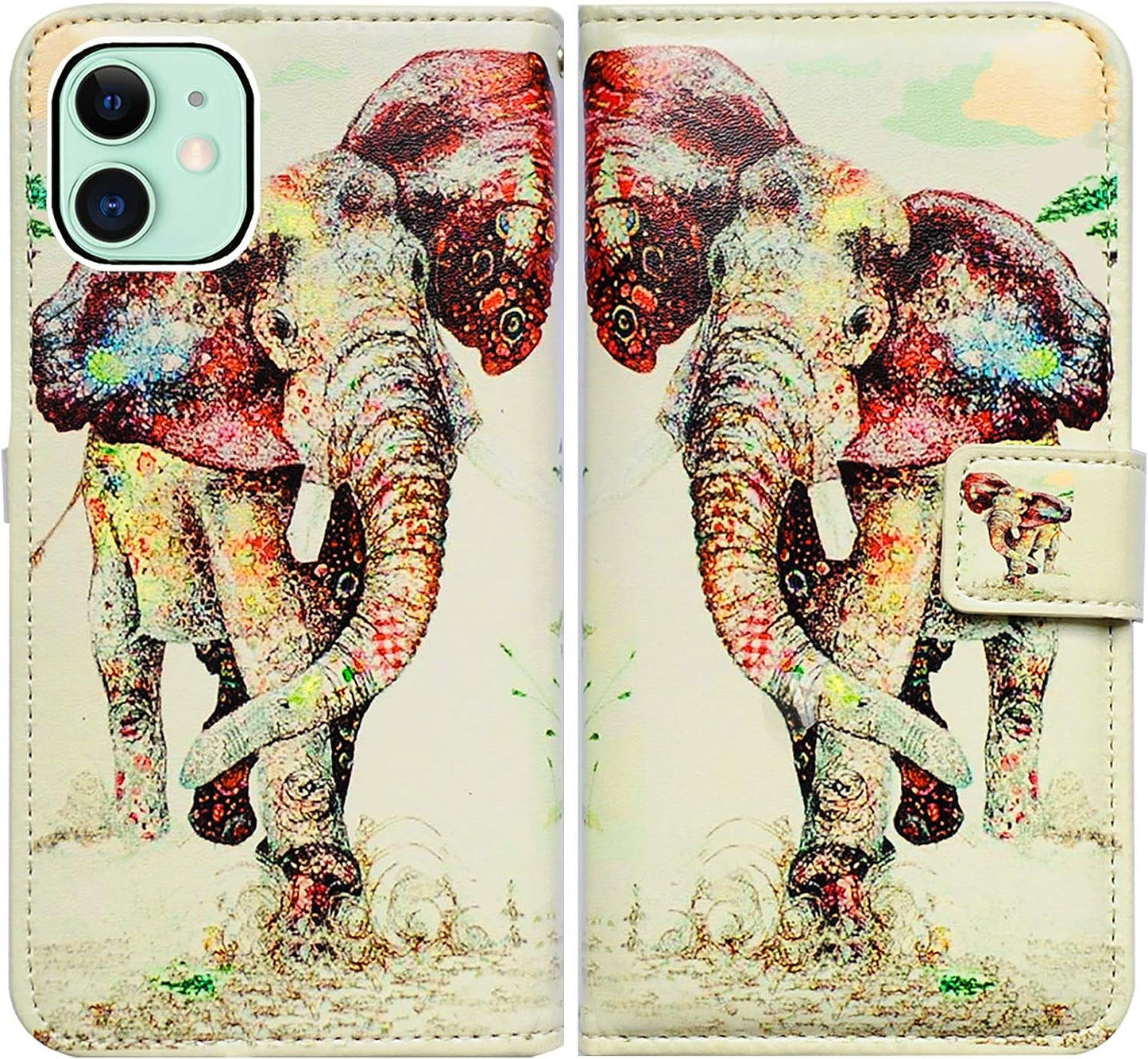 Bcov Iphone 13 Case,Blue Butterfly Flowers Rose Leather Flip Phone Case Wallet Cover with Card Slot Holder Kickstand for Iphone 13 Bcov Colorful Elephant Pattern