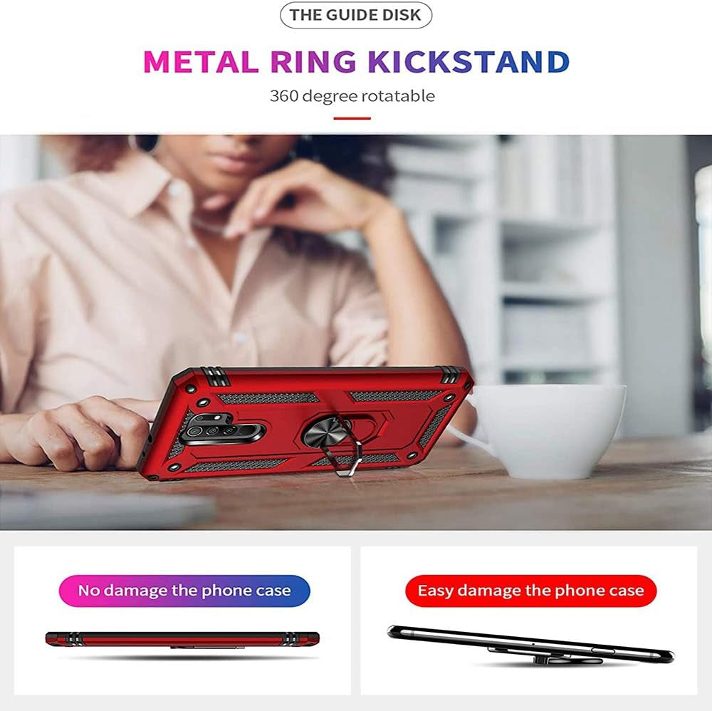 Duolide for Xiaomi Redmi 9 6.53" Case with Tempered Glass Screen Protector,Hybrid Heavy Duty Dual Layer Anti-Scratch Shockproof Defender Kickstand Case Cover, Red DuoLide