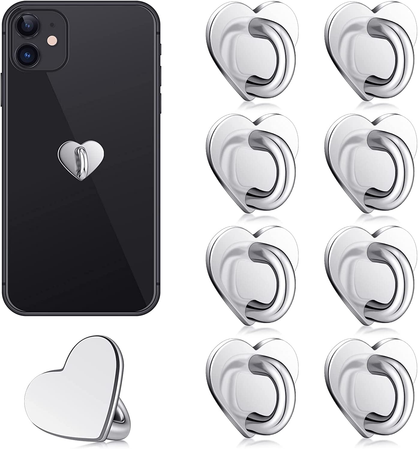 8 Pcs Cell Phone Finger Ring Adhesive Metal Phone Finger Grip Loop Stand Heart Grip Holder Phone Charm Hook for DIY Hanging Supplies (Gold, Silver, Rose Gold, Black) Moxweyeni Silver