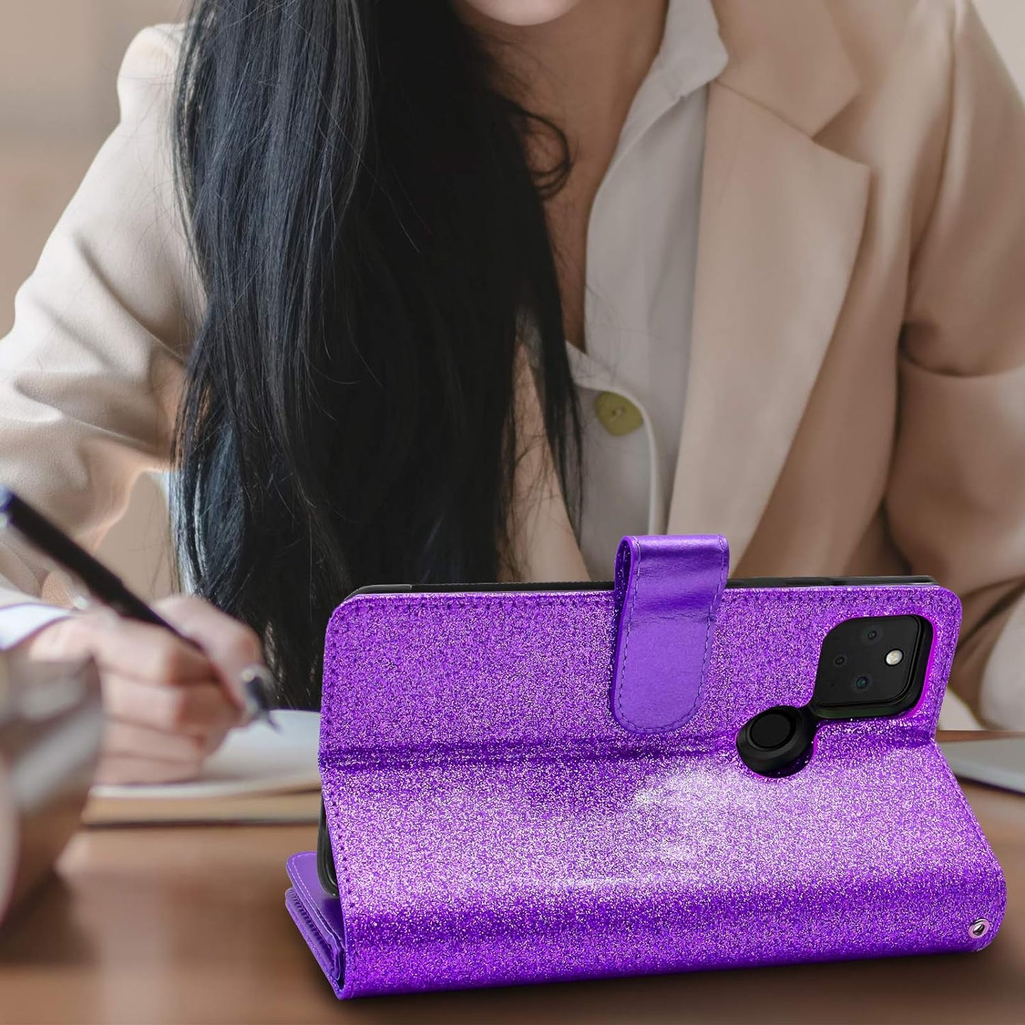 Newseego Compatible Google Pixel 5 Leather Case 6Inch,Glitter Faux PU Leather Magnetic Closure Multi-Credit Card Slot Cash Holder Detachable 2 in 1 Wallet Cover with Wrist Strap-Purple Newseego