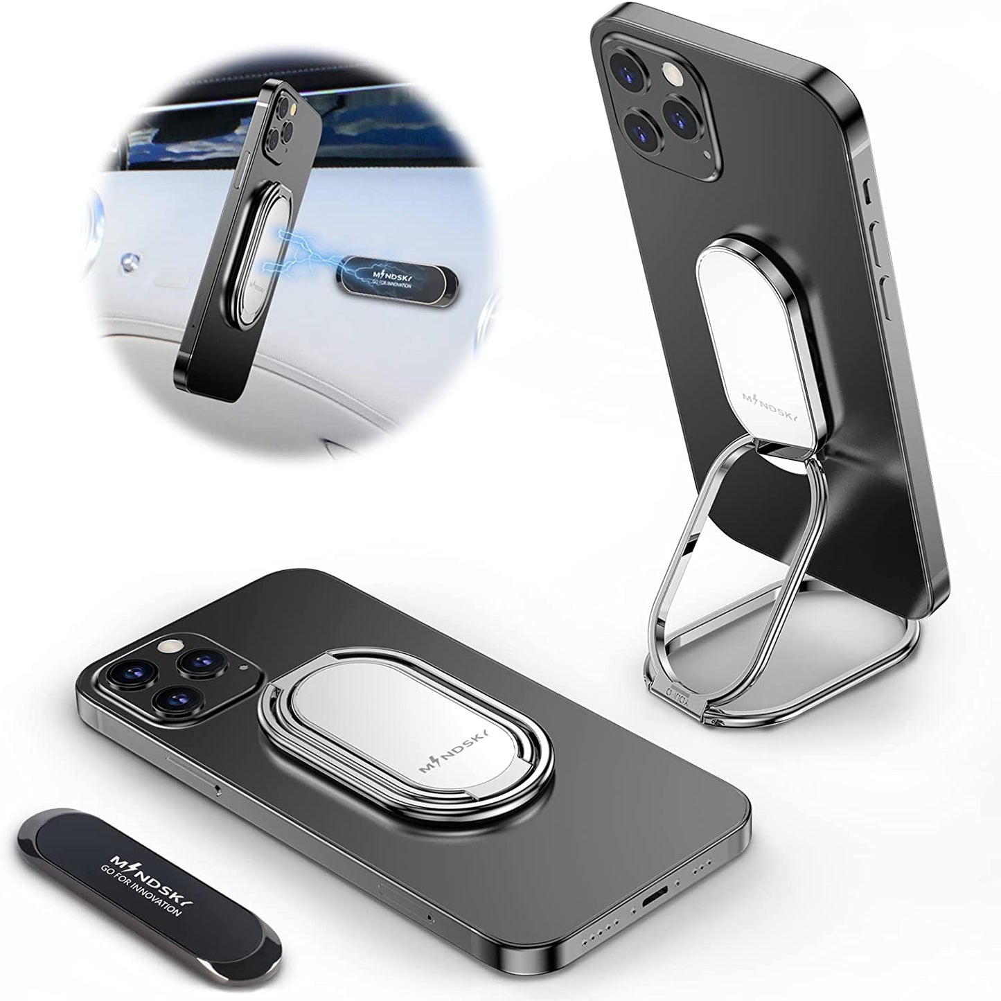 Mindsky Phone Ring Holder Finger Kickstand Retractable 360°Rotation Ultra-Thin Cell Phone Back Grip Foldable Cellphone Stand for Iphone Ipad Smartphones Tablets (With Universal Magnetic Car Mount) Mindsky Silver