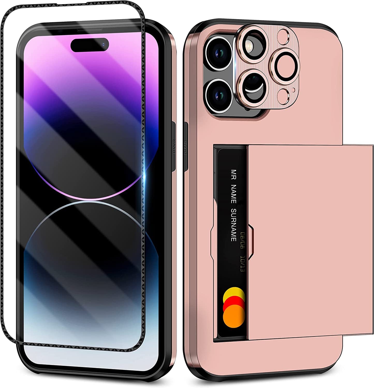SAMONPOW for Iphone 14 Pro Case Wallet 4-In-1 Hybrid Iphone 14 Pro Protective Case with Card Holder & Screen Protector & Camera Cover Full Body Shockproof Bumper Cover Case for Iphone 14 Pro White SAMONPOW Rose Gold