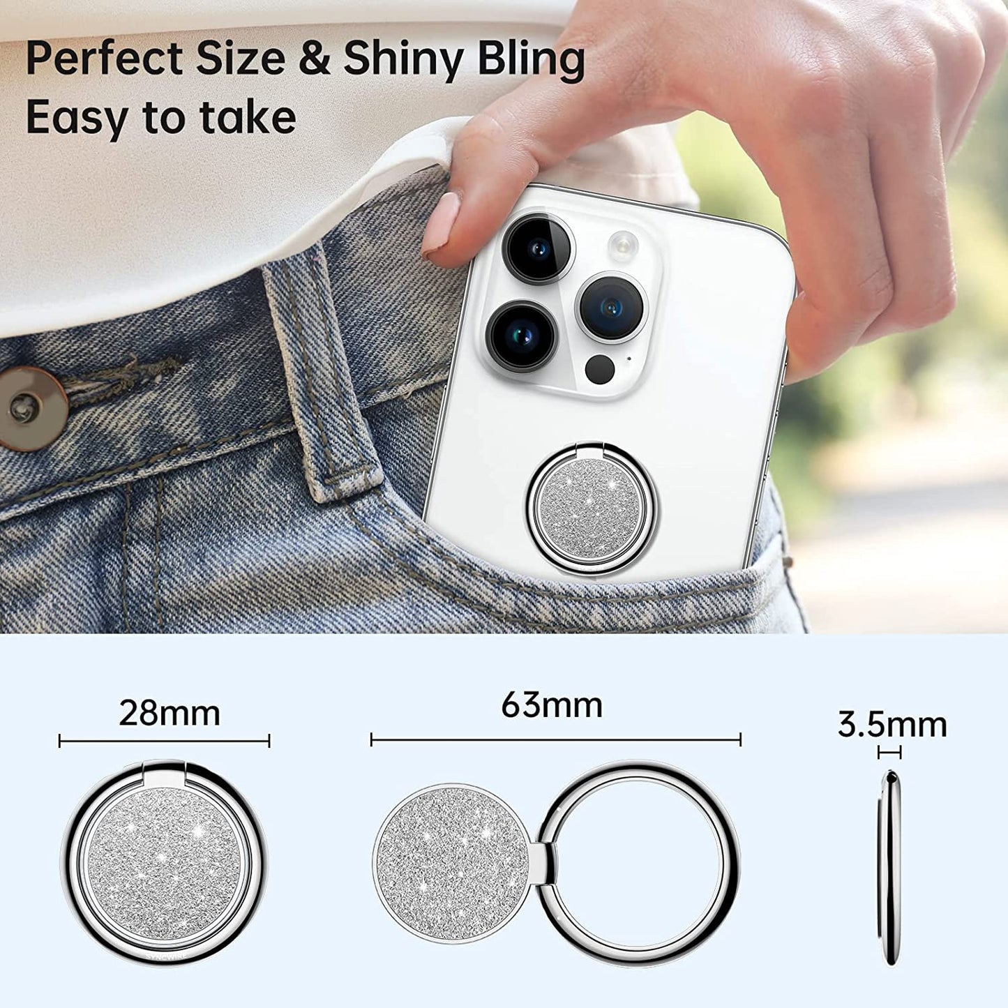 Syncwire Cell Phone Ring Holder Stand, Bling Bling Finger Ring Kickstand 360° Rotation Sparkle Phone Grip for Magnetic Car Mount Compatible with Iphone,Samsung,Pixel, All Smartphones - Glitter Silver Syncwire
