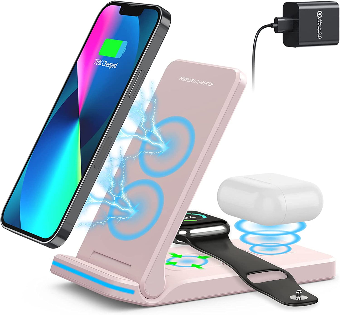 Wireless Charger, 3 in 1 Fast Charging Station, Folding Travel Wireless Charger Stand for Iphone 14,13,12,11/Pro/Max/Plus, X,XR, Xs/Max,Se, 8/Plus,Apple Watch 1-8,Airpods 3/2/Pro 18W Adapter(White) Pendrajec pink