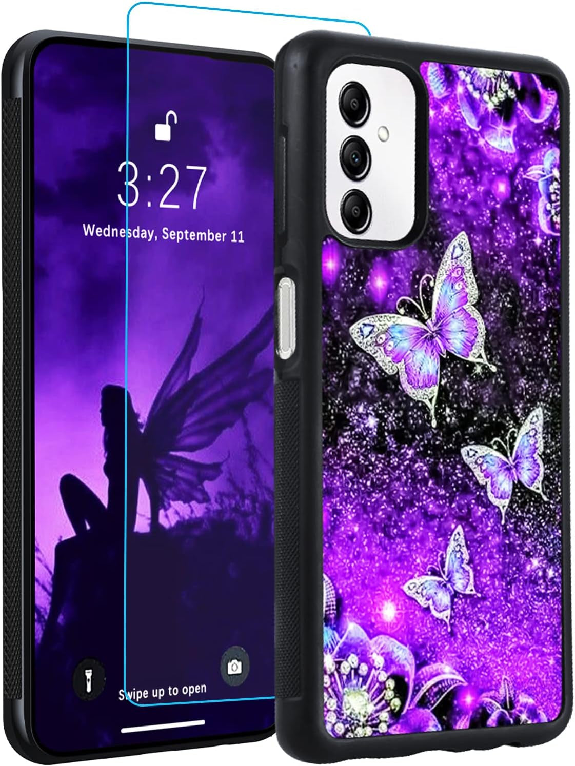 OOK Designs for Samsung Galaxy A53 Case Glitter Purple Butterfly Nebula Space Design Hard Pc+Soft TPU Bumper Anti-Slip Ultra Thin Cover Protective Shockproof Case for Galaxy A53 OOK A14 Case