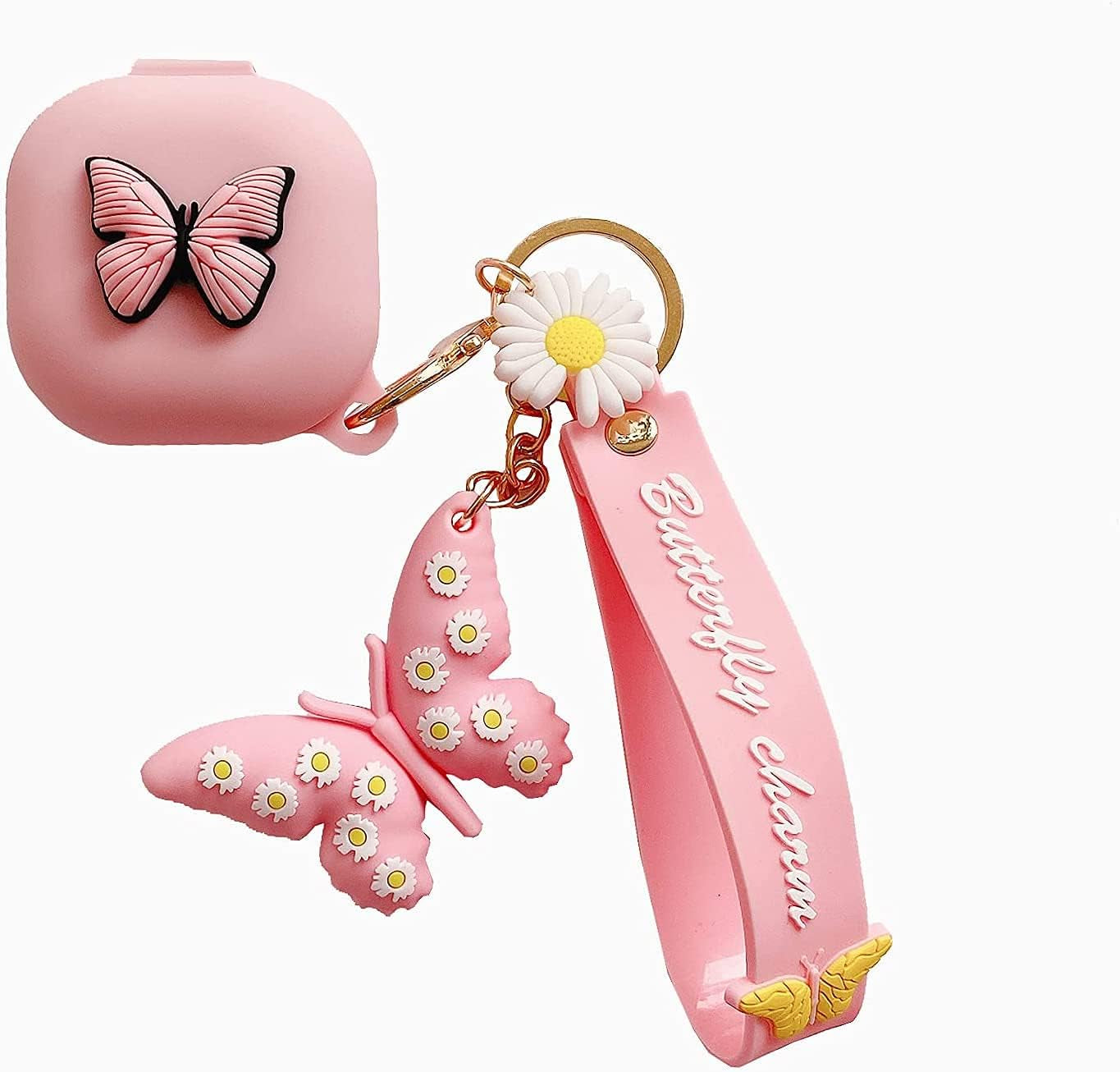 Compatible with Samsung Galaxy Buds Pro/Galaxy Buds Live Case with Butterfly Keychain, Protective Silicone Kids Teens Girls Women Funny Kawaii Fashion 3D Cute Cover for Galaxy Buds Pro/Live - Purple Moydolo Pink Butterfly