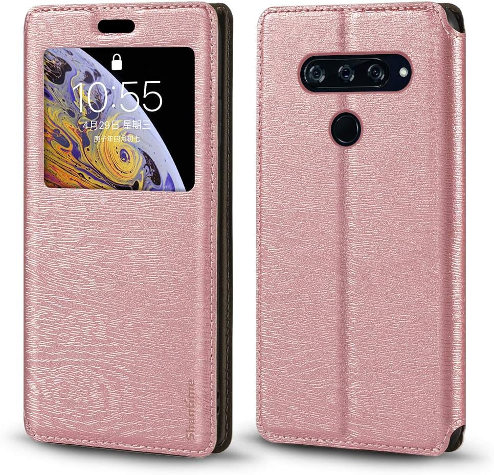 Shantime LG V40 Thinq Case, Wood Grain Leather Case with Card Holder and Window, Magnetic Flip Cover for LG V40 Thinq Purple Shantime Rose Gold