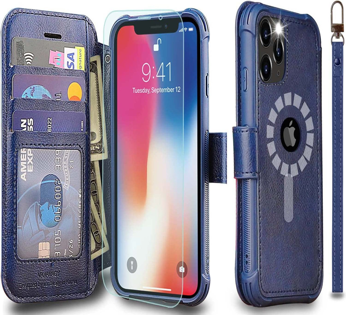 VANAVAGY Iphone 13 Pro Wallet Case Magsafe,Leather Flip Folio Phone Cover Supports Magsafe and Wireless Charging with RFID Block Card Holder and Wrist Strap,Rosegold VANAVAGY Navy blue(Not for 13 Pro Max or iPhone 13)